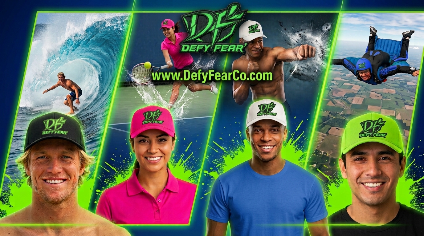 Defy Fear' Co athletes and models wearing the brand's apparel across surfing, pickleball, boxing, and skydiving